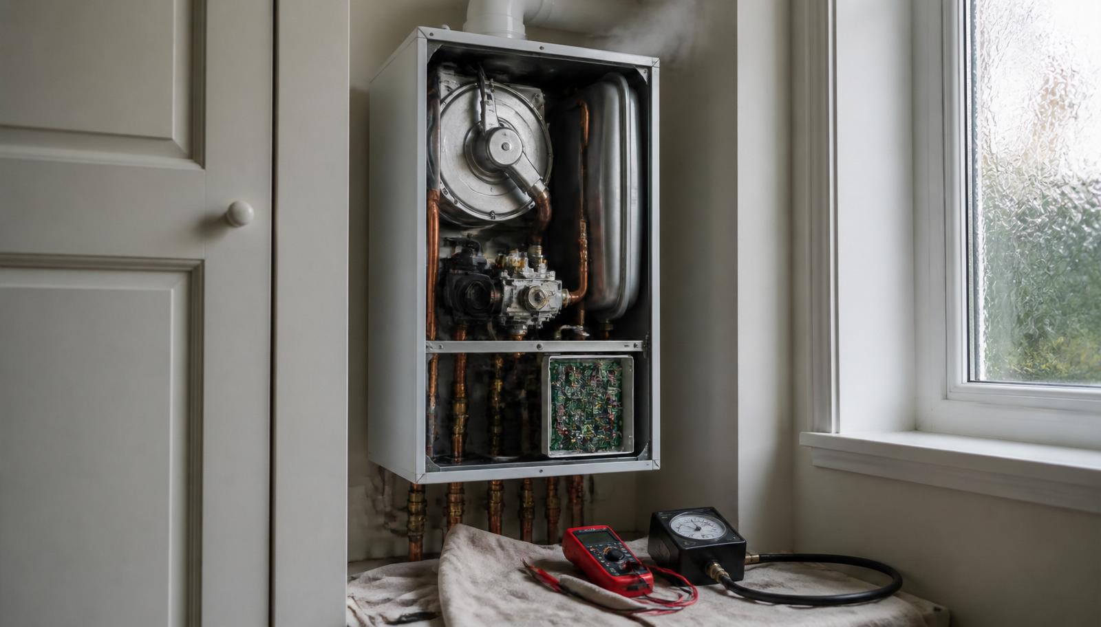 Open combi boiler with heat exchanger and PCB exposed alongside a multimeter and gas manometer during a repair diagnosis