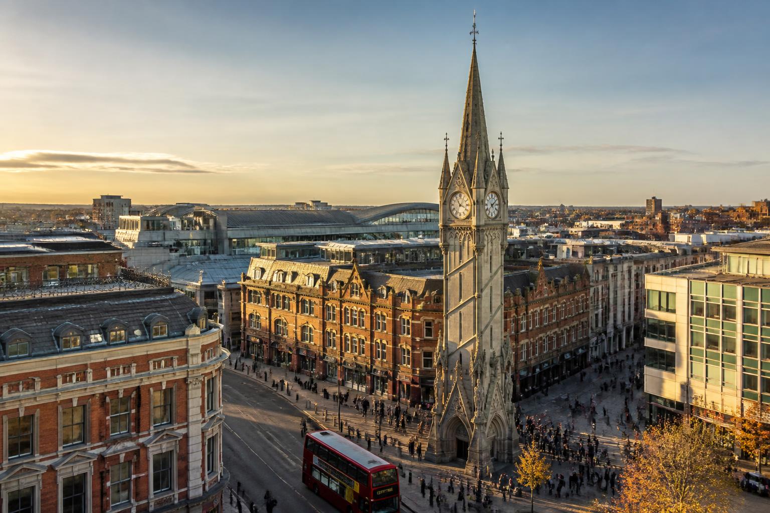 Leicester city centre at golden hour with the Victorian Clock Tower