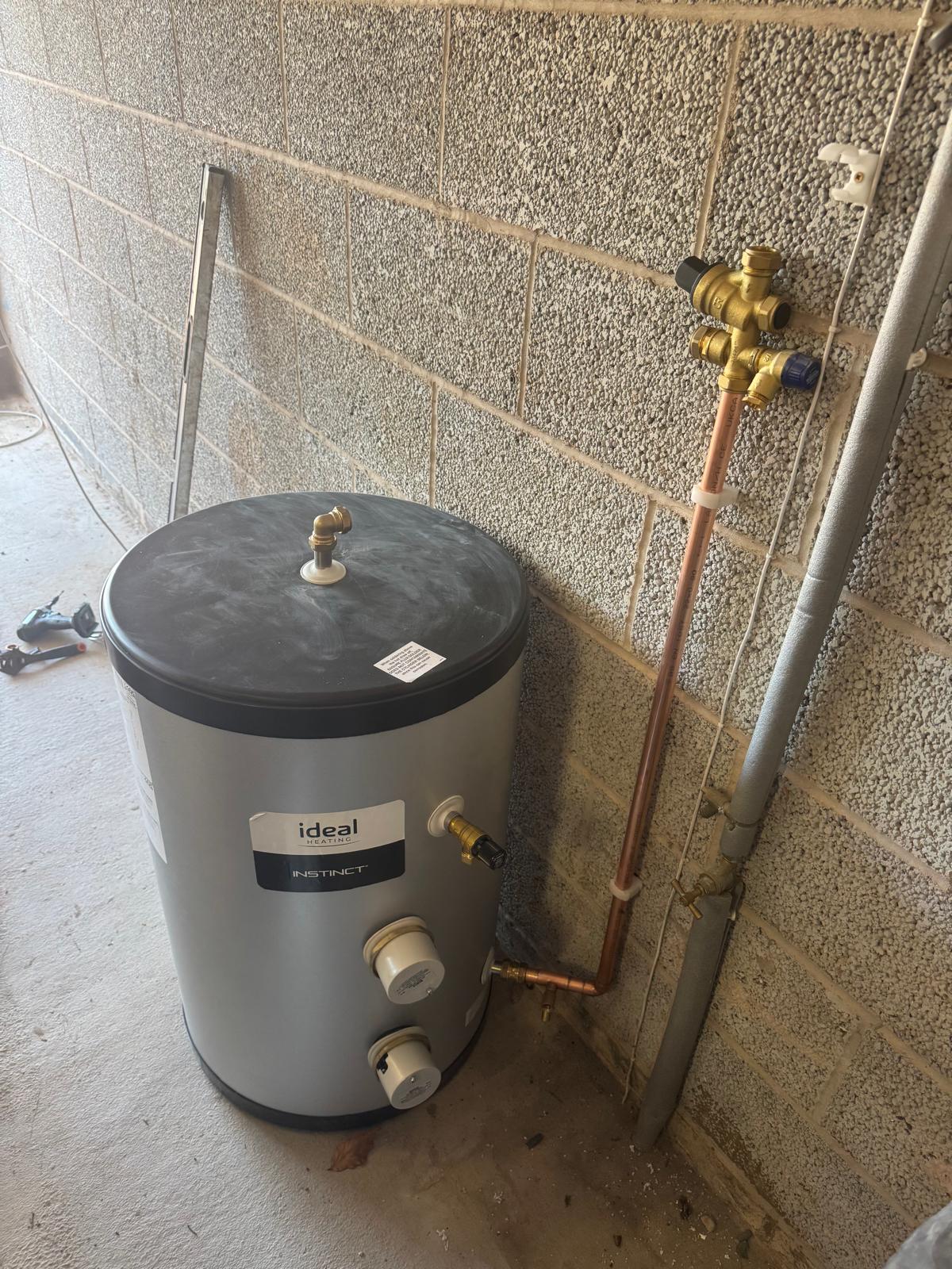 Unvented hot water cylinder installation completed in Corby