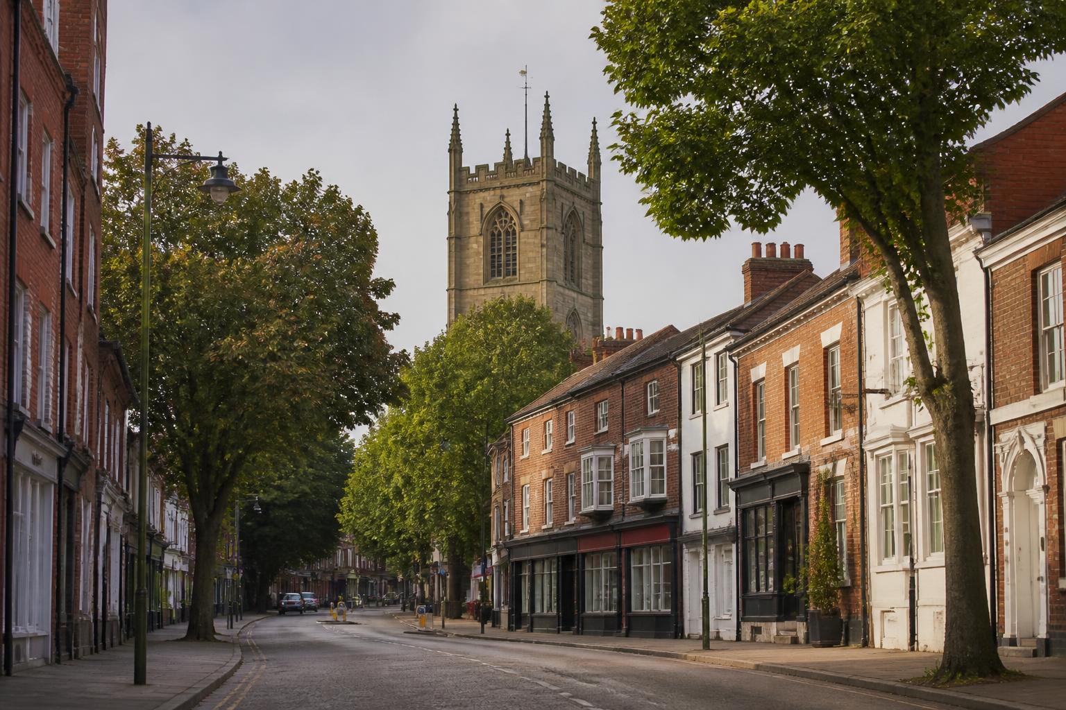 Syston high street with the medieval tower of St Peter and St Paul church